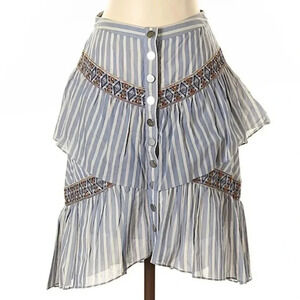 BCBGMAXAZRIA | Bohemian Blue Linen Tiered Ruffle Stripe Button Skirt Size XXS